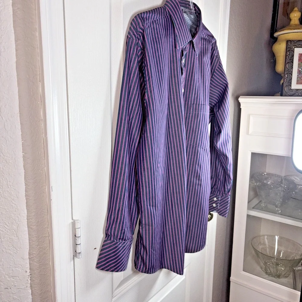 Men's Ted Baker Button Down Shirt Navy Blue‎ & Fuchsia Pinstripe Long Sleeve